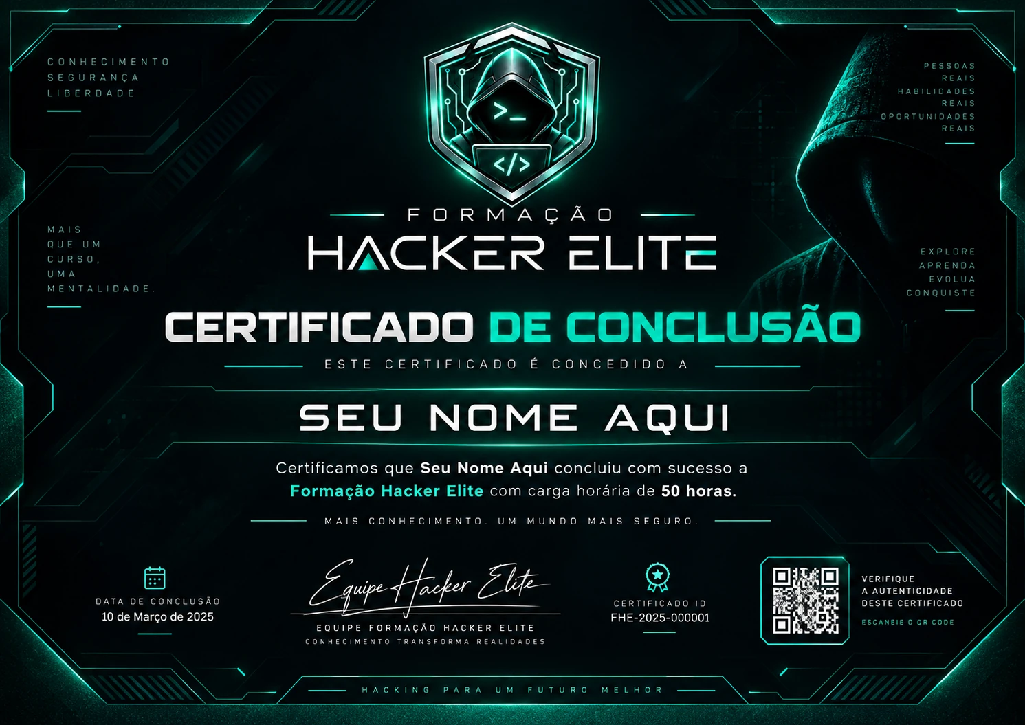 Certificado moderno da Formação Hacker Elite com a logo oficial, carga horária de 50 horas e área de verificação